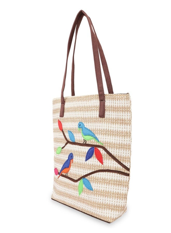 CULT FACTORY Stylish Hand Bag for Women Big Size Jute Hand Bag for Ladies College Tote Bag with Beautiful Birds Design - Image 5
